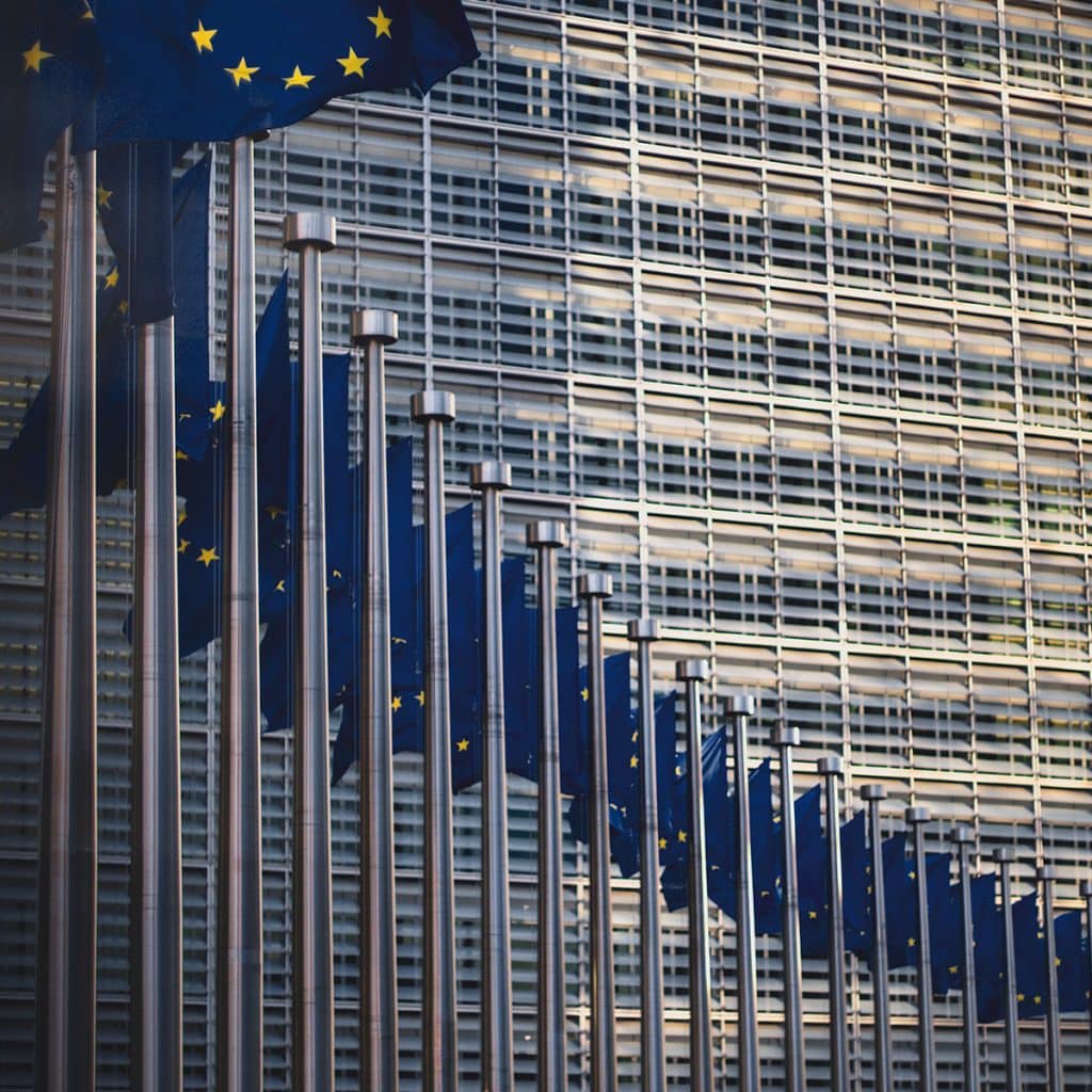 Hington Klarsey: close-up of European flags in front of official building