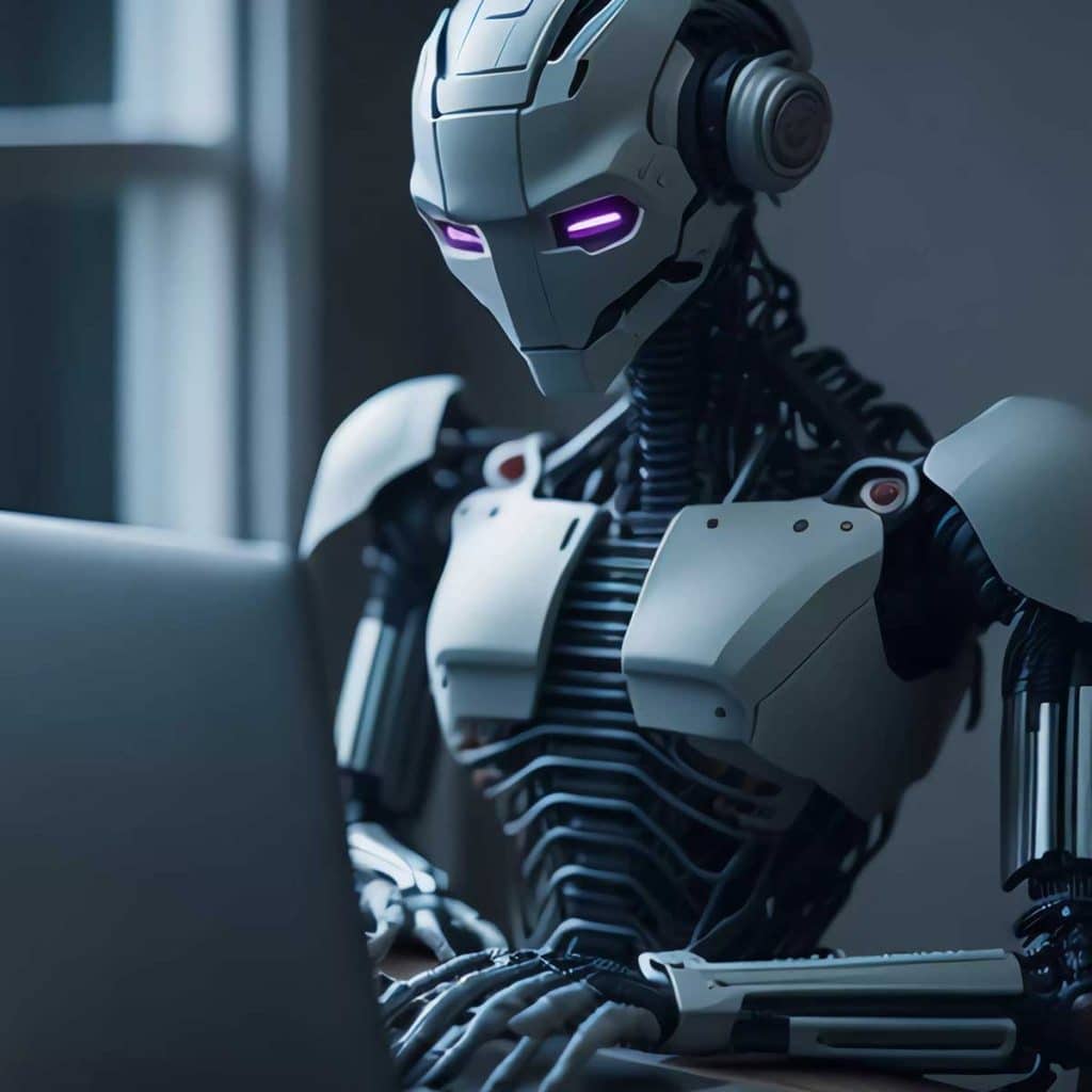 Hington Klarsey: AI-generated image of robot typing on laptop
