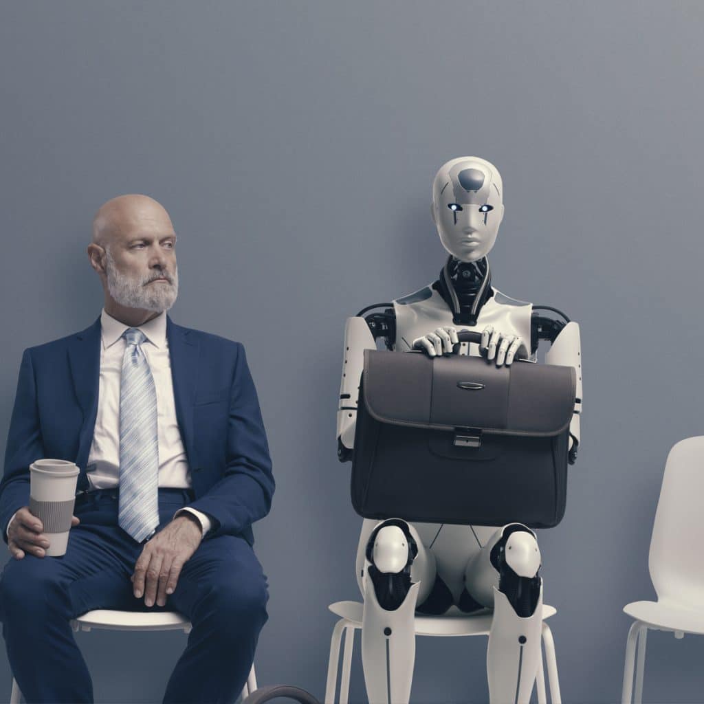 Hington Klarsey: Male Executive sitting next to AI robot