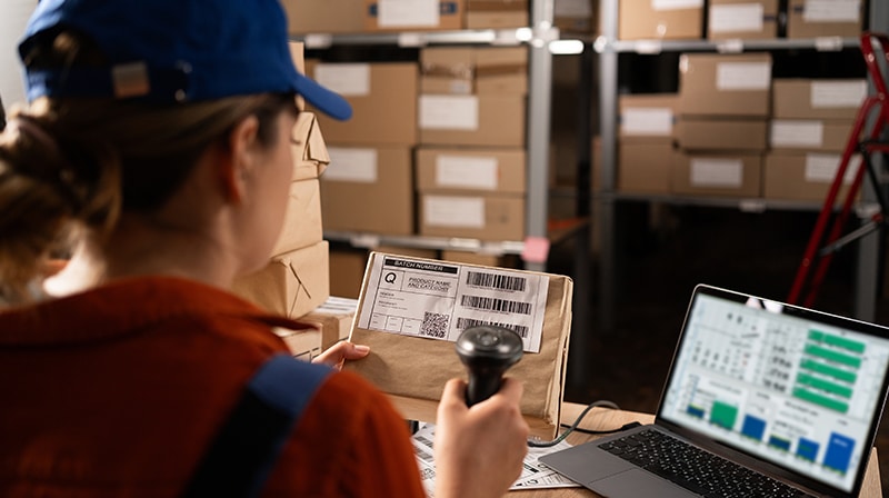 Hington Klarsey: woman scanning parcel in a logisitc centre